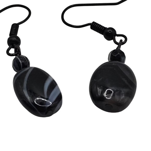 Women's Beaded Marbled Black/Gray Agate Stone Dangle Drop Hook Back Earrings - Picture 6 of 9